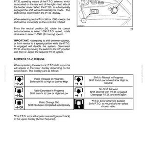 K&ouml;nnte beinhalten: Eine Seite aus einem technischen Handbuch mit dem Titel SECTION 3 - FIELD OPERATIONS zur elektronischen Zapfwellen-Gangwahl. Sie enth&auml;lt eine Strichzeichnung eines Traktor-Bedienfelds mit nummerierten Komponenten und eine Tabelle der P.T.O.-Symbole.