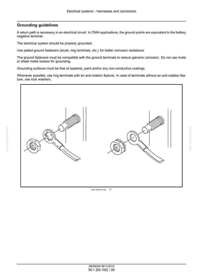 May include: Diagram of electrical grounding components, including ring terminals, nuts, and studs. The image is a technical illustration with text describing grounding guidelines for electrical systems and corrosion resistance.