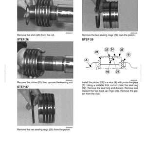 Op de afbeelding: Technisch diagram in zwart-wit dat de demontage van een mechanisch onderdeel toont. De stappen omvatten het verwijderen van vulringen, afdichtringen en zuigers. Afmetingen in cm.