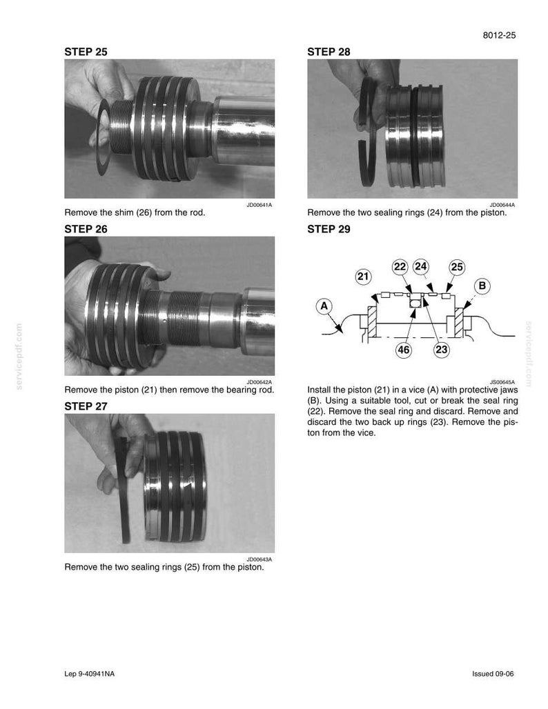 Op de afbeelding: Technisch diagram in zwart-wit dat de demontage van een mechanisch onderdeel toont. De stappen omvatten het verwijderen van vulringen, afdichtringen en zuigers. Afmetingen in cm.
