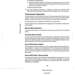 May include: A white page with black text detailing operating instructions for a machine's transmission. Instructions include shifting gears, using the parking brake, and manual mode operation. The page also includes a diagram.