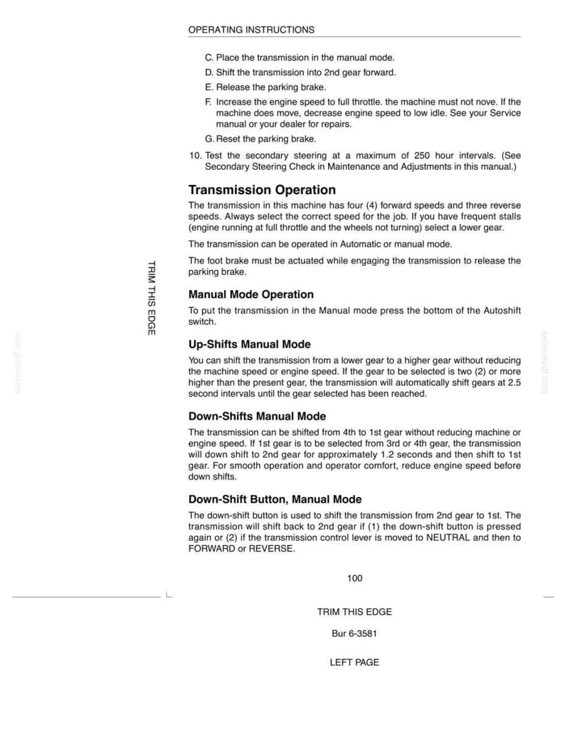 May include: A white page with black text detailing operating instructions for a machine's transmission. Instructions include shifting gears, using the parking brake, and manual mode operation. The page also includes a diagram.
