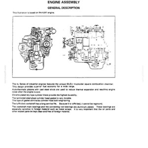 May include: A technical document page titled ENGINE ASSEMBLY GENERAL DESCRIPTION featuring a black and white line drawing of a 4JA1 engine. The text describes the ISUZU trochoidal square combustion chamber, auto-thermatic pistons, chrome plated cylinder liners, and maintenance requirements for the engine components.
