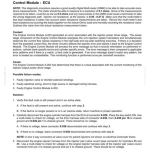 May include: A diagnostic document with the title "E0522-03- Injector Cylinder 5 Failure - Shorted to high source." The document provides troubleshooting steps for an engine control module (ECU) fault, including possible failure modes and solutions. The document includes technical diagrams and instructions.