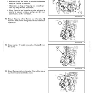 May include: Diagrams illustrating steps for hydraulic system maintenance, including removing hoses with a 19 mm wrench, removing bolts with a 10 mm wrench, and securing the pump with a liftcrane. Text includes instructions and part numbers.