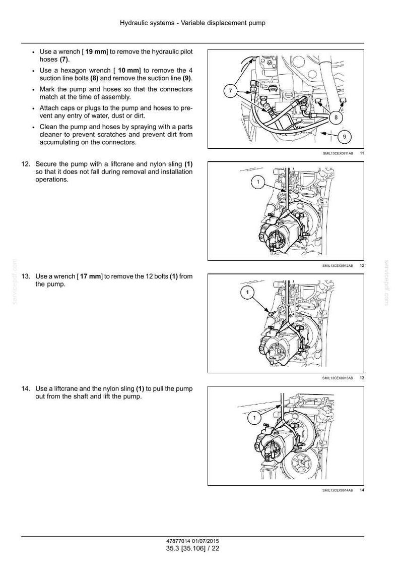 May include: Diagrams illustrating steps for hydraulic system maintenance, including removing hoses with a 19 mm wrench, removing bolts with a 10 mm wrench, and securing the pump with a liftcrane. Text includes instructions and part numbers.