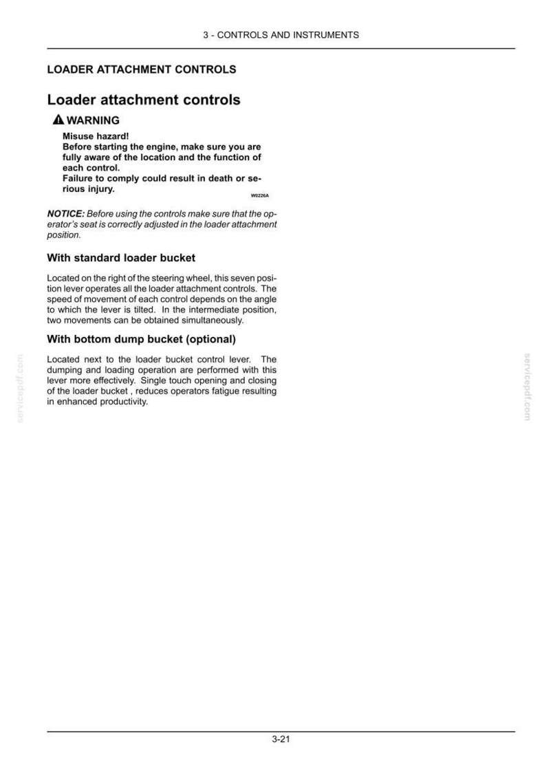 Op de afbeelding: Een pagina uit een handleiding met details over de bediening van aanbouwdelen voor de lader. De tekst bevat waarschuwingen over verkeerd gebruik, instructies voor standaard en optionele bakbediening en veiligheidsberichten. De pagina is wit met zwarte tekst.
