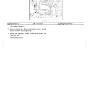 Puede incluir: Diagrama que ilustra la sustituci&oacute;n de un sensor de velocidad/RPM del motor. La imagen incluye un diagrama detallado con componentes numerados: captador de velocidad, conector y controlador del motor. Se proporcionan instrucciones para desconectar, quitar, instalar y conectar el sensor.
