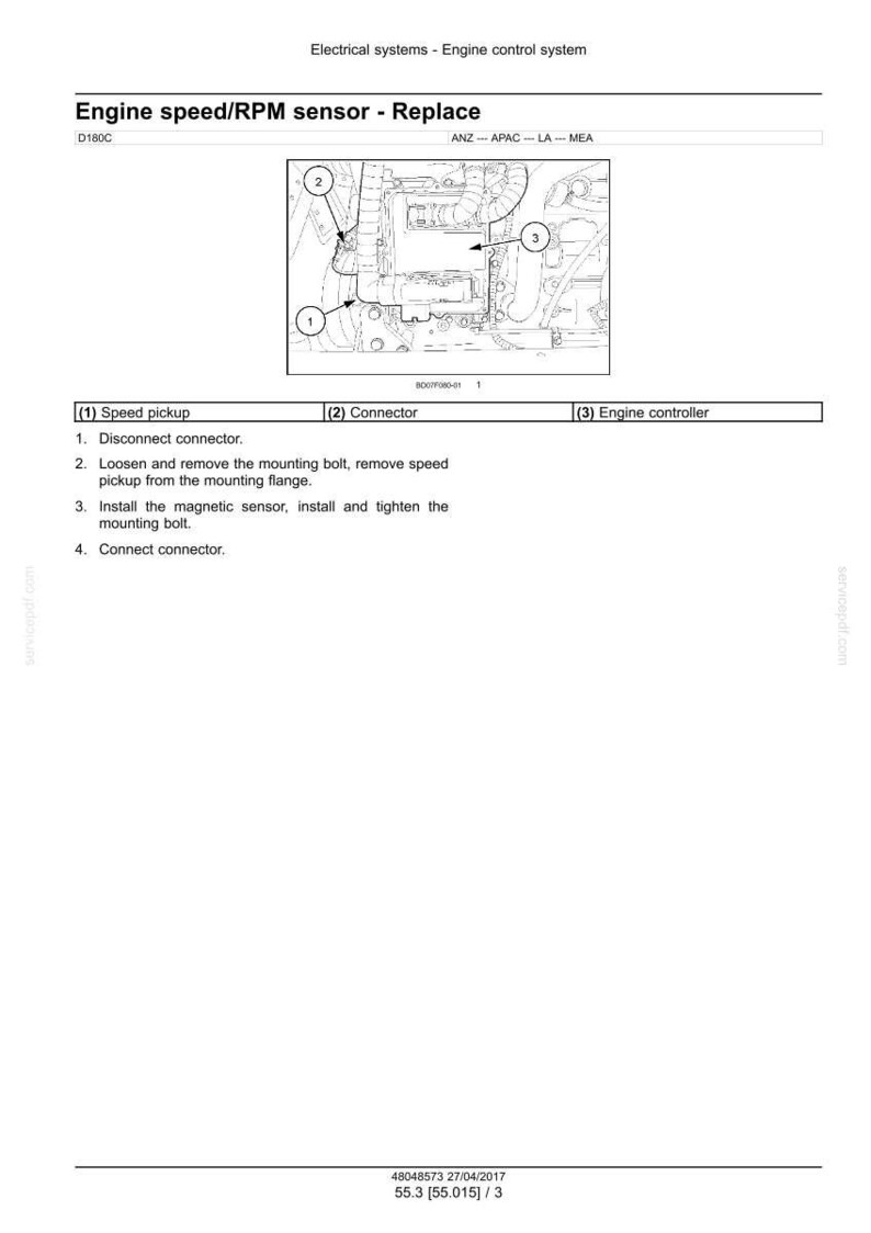 Puede incluir: Diagrama que ilustra la sustituci&oacute;n de un sensor de velocidad/RPM del motor. La imagen incluye un diagrama detallado con componentes numerados: captador de velocidad, conector y controlador del motor. Se proporcionan instrucciones para desconectar, quitar, instalar y conectar el sensor.