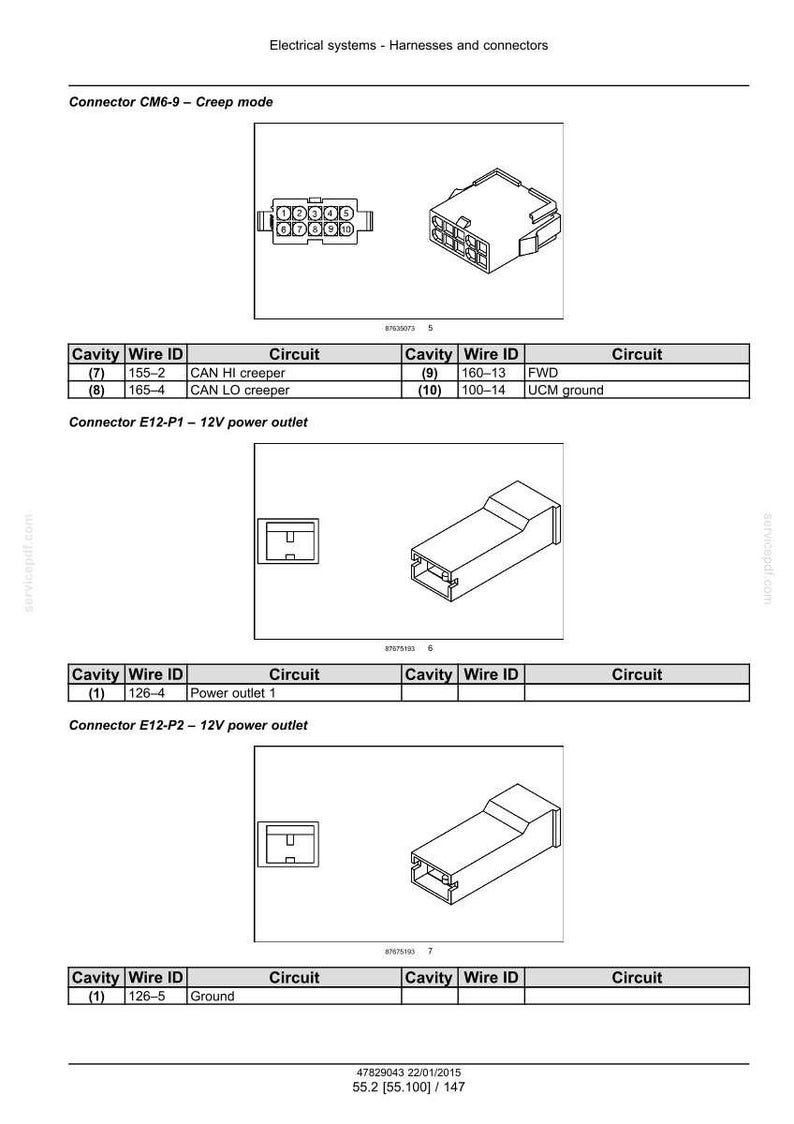 May include: Diagram of electrical connectors and wiring schematics. Includes detailed views of connector CM6-9, E12-P1, and E12-P2, with labels for cavity wire ID and circuit functions. Text includes "Electrical systems - Harnesses and connectors."