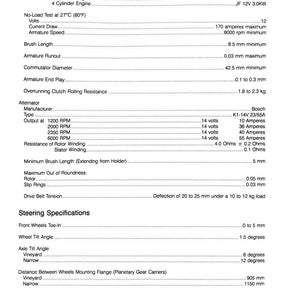 May include: A detailed technical specification sheet for a starter motor and alternator, including voltage, current draw, and armature speed. The document also lists steering specifications and measurements in millimeters and degrees.