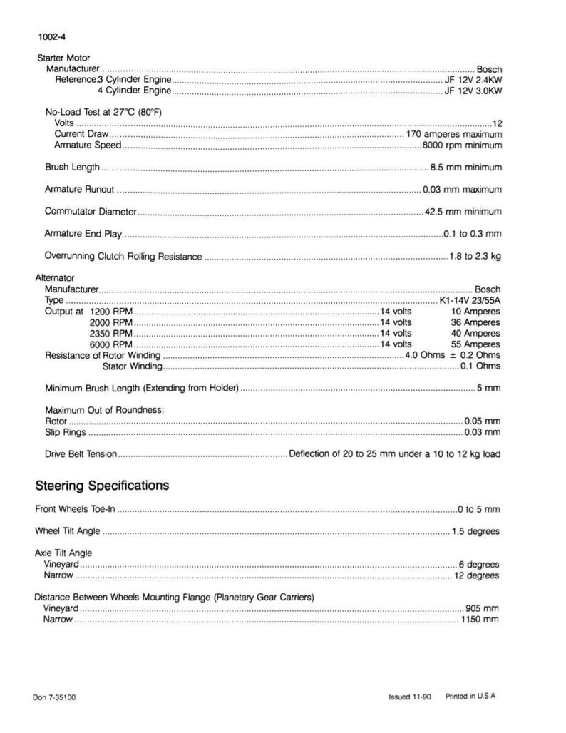 May include: A detailed technical specification sheet for a starter motor and alternator, including voltage, current draw, and armature speed. The document also lists steering specifications and measurements in millimeters and degrees.