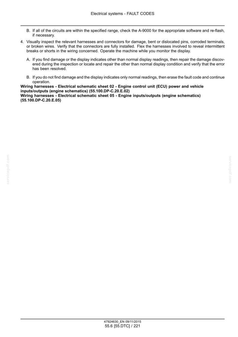 May include: A technical document detailing "Electrical systems - FAULT CODES". It provides instructions for checking circuits, inspecting wiring harnesses, and resolving display issues. The document includes text and diagrams.