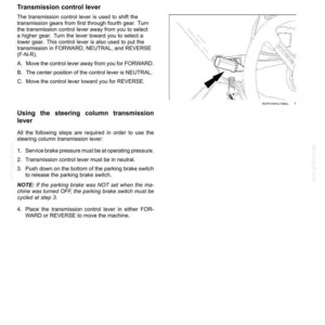 May include: Page from a manual detailing transmission controls. The text describes the transmission control lever, its functions, and how to use it. An illustration shows the lever's location.