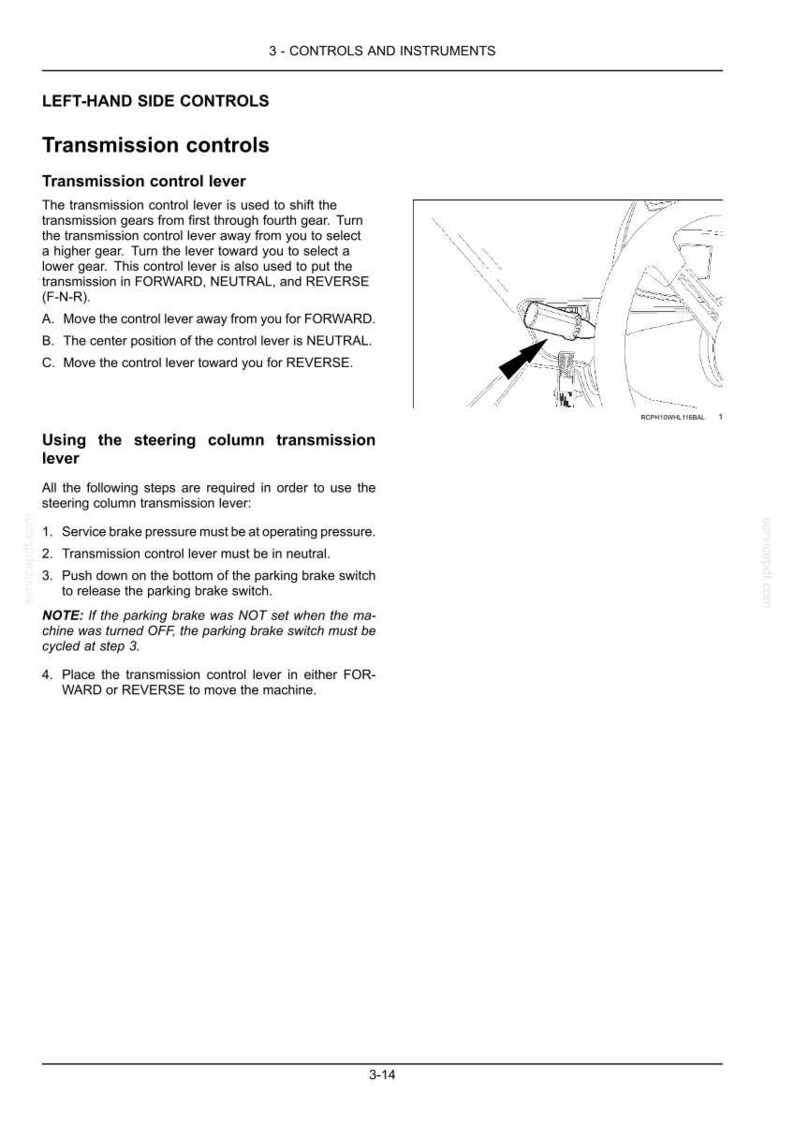 May include: Page from a manual detailing transmission controls. The text describes the transmission control lever, its functions, and how to use it. An illustration shows the lever's location.