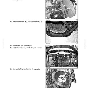 May include: Page from a technical manual with diagrams and instructions for a hydrostatic drive system. The page includes numbered steps, diagrams of mechanical components, and labels for parts like screws and flanges.