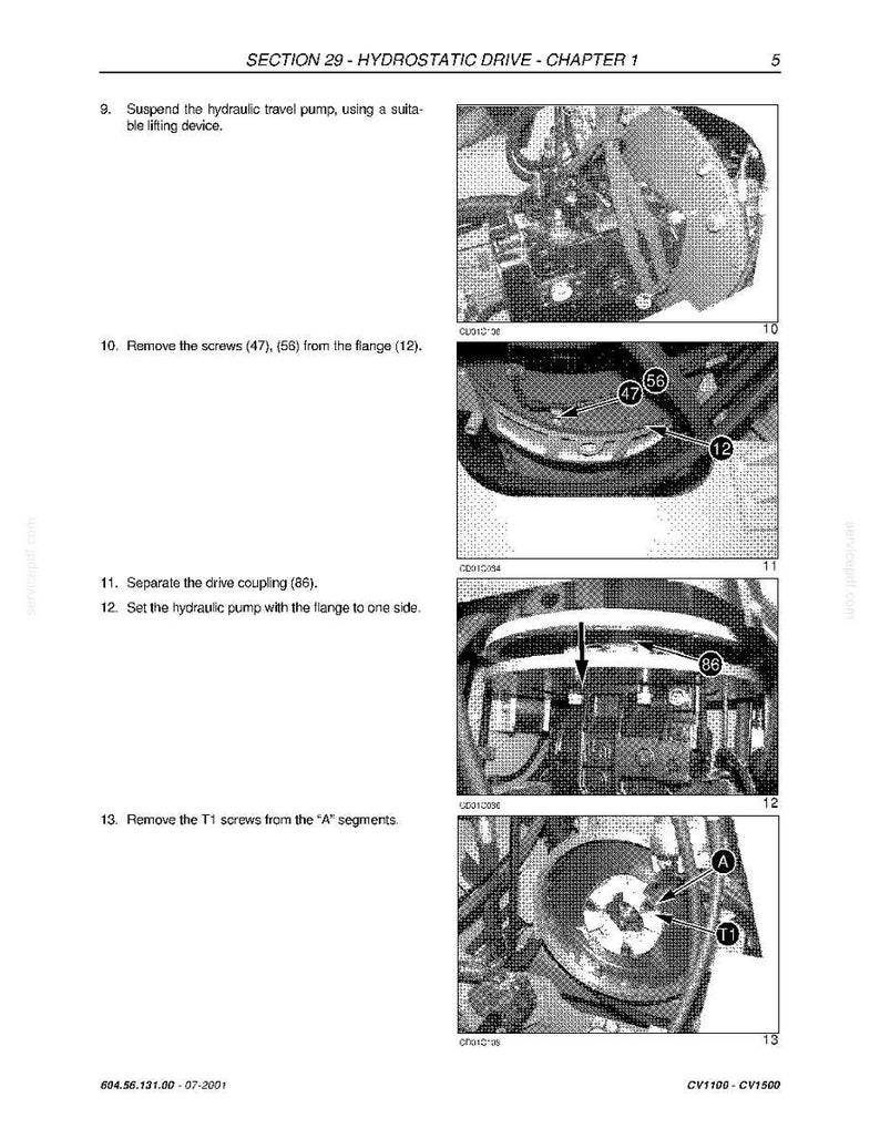 May include: Page from a technical manual with diagrams and instructions for a hydrostatic drive system. The page includes numbered steps, diagrams of mechanical components, and labels for parts like screws and flanges.
