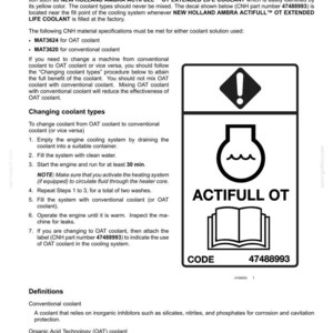 May include: A technical document page titled Organic Acid Technology (OAT) coolant, featuring text instructions for changing coolant types and a black and white warning label graphic with an exclamation mark, a flask icon, and the text ACTIFULL OT.