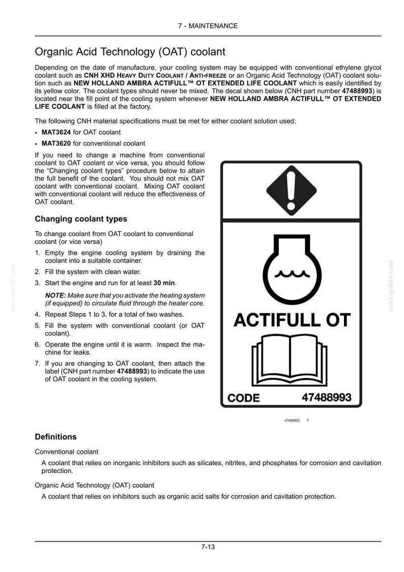 May include: A technical document page titled Organic Acid Technology (OAT) coolant, featuring text instructions for changing coolant types and a black and white warning label graphic with an exclamation mark, a flask icon, and the text ACTIFULL OT.