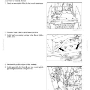 May include: Diagram of an engine cooling system installation, with detailed illustrations and numbered steps. Includes a cooling package weighing approximately 280 lb. Instructions cover attaching a lifting device, installing the package, and securing components.