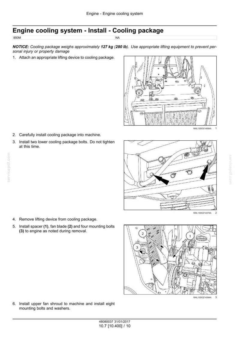 May include: Diagram of an engine cooling system installation, with detailed illustrations and numbered steps. Includes a cooling package weighing approximately 280 lb. Instructions cover attaching a lifting device, installing the package, and securing components.