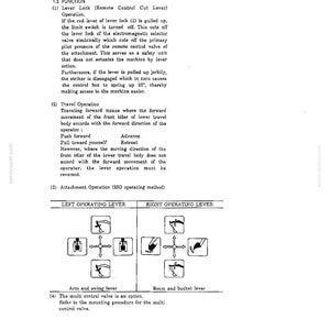 May include: A technical document page titled 1.3 FUNCTION detailing lever lock, travel operation, and attachment operation for machinery. It includes text instructions and a diagram showing left and right operating lever movements for arm, swing, boom, and bucket control.