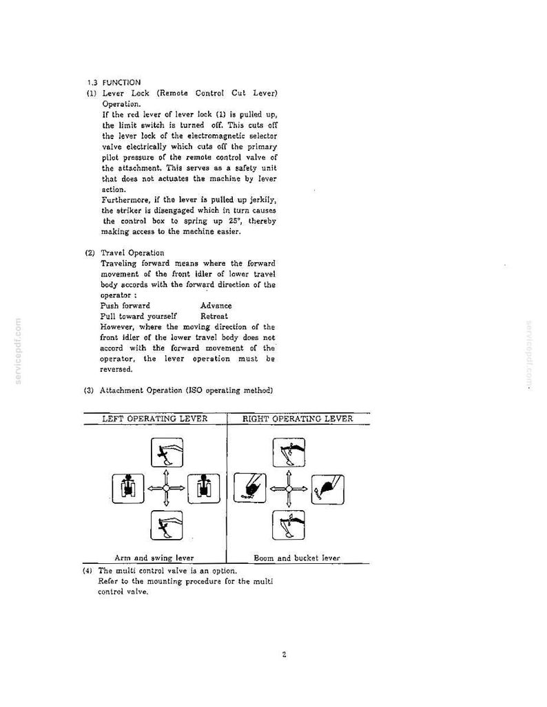 May include: A technical document page titled 1.3 FUNCTION detailing lever lock, travel operation, and attachment operation for machinery. It includes text instructions and a diagram showing left and right operating lever movements for arm, swing, boom, and bucket control.