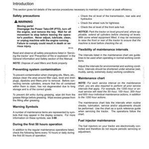 May include: A page from a tractor maintenance manual titled 7-MAINTENANCE, containing general information, safety precautions regarding moving parts and the Power Take-Off, instructions on preventing system contamination, and maintenance intervals.