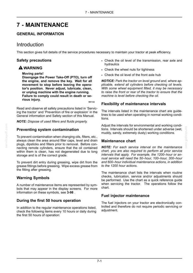 May include: A page from a tractor maintenance manual titled 7-MAINTENANCE, containing general information, safety precautions regarding moving parts and the Power Take-Off, instructions on preventing system contamination, and maintenance intervals.