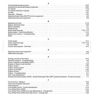 Puede incluir: Una p&aacute;gina de &iacute;ndice en blanco y negro de un manual t&eacute;cnico, con encabezados alfab&eacute;ticos de la A a la F. El texto enumera varios componentes mec&aacute;nicos y procedimientos de mantenimiento, como el filtro de aire, la bater&iacute;a, el embrague y el motor.