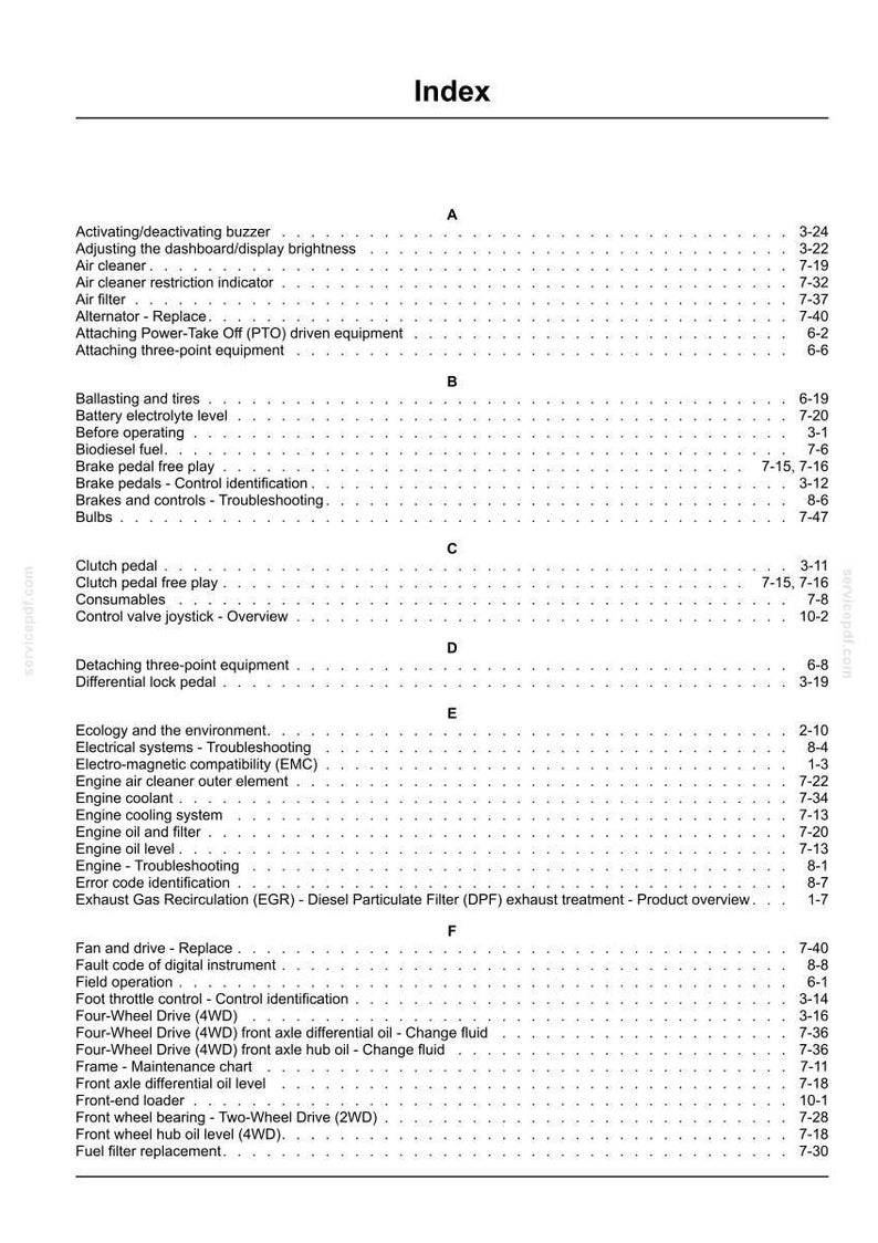 Puede incluir: Una p&aacute;gina de &iacute;ndice en blanco y negro de un manual t&eacute;cnico, con encabezados alfab&eacute;ticos de la A a la F. El texto enumera varios componentes mec&aacute;nicos y procedimientos de mantenimiento, como el filtro de aire, la bater&iacute;a, el embrague y el motor.