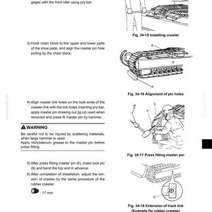 May include: Technical diagram illustrating crawler track installation steps. Includes figures showing alignment of pin holes, press fitting the master pin, and extension of track link. Text includes warnings and measurements.