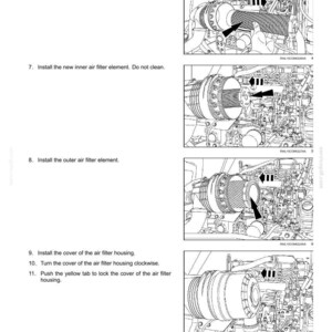 May include: A page from a maintenance manual with detailed diagrams illustrating the steps for replacing air filter elements. The images show various engine components, including the air filter housing and related parts, with arrows indicating the installation process.