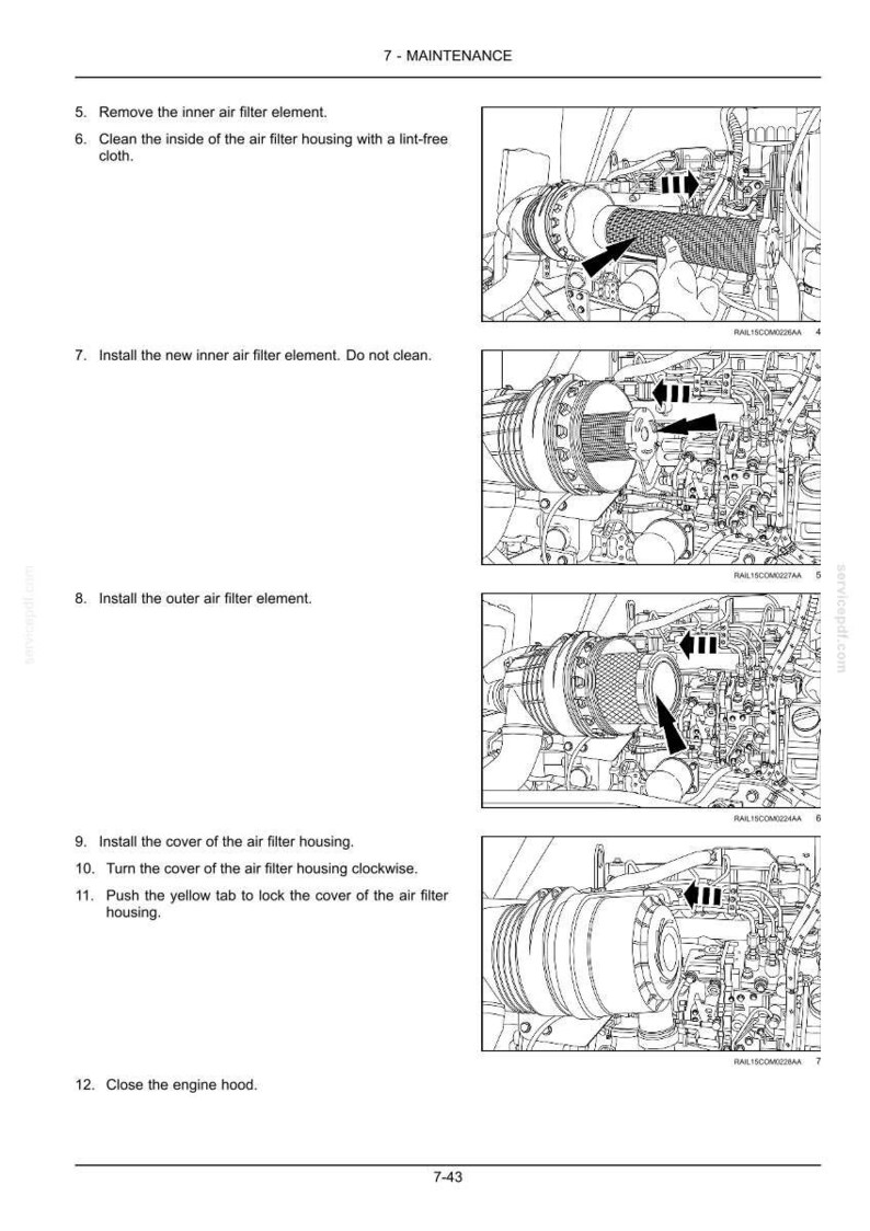May include: A page from a maintenance manual with detailed diagrams illustrating the steps for replacing air filter elements. The images show various engine components, including the air filter housing and related parts, with arrows indicating the installation process.