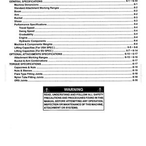 以下が含まれることがあります： Section VI - SPECIFICATIONSと題された白黒の技術文書ページ。機械部品、性能、トルクに関する詳細な目次と、安全上の注意事項に関する警告ボックスが記載されています。