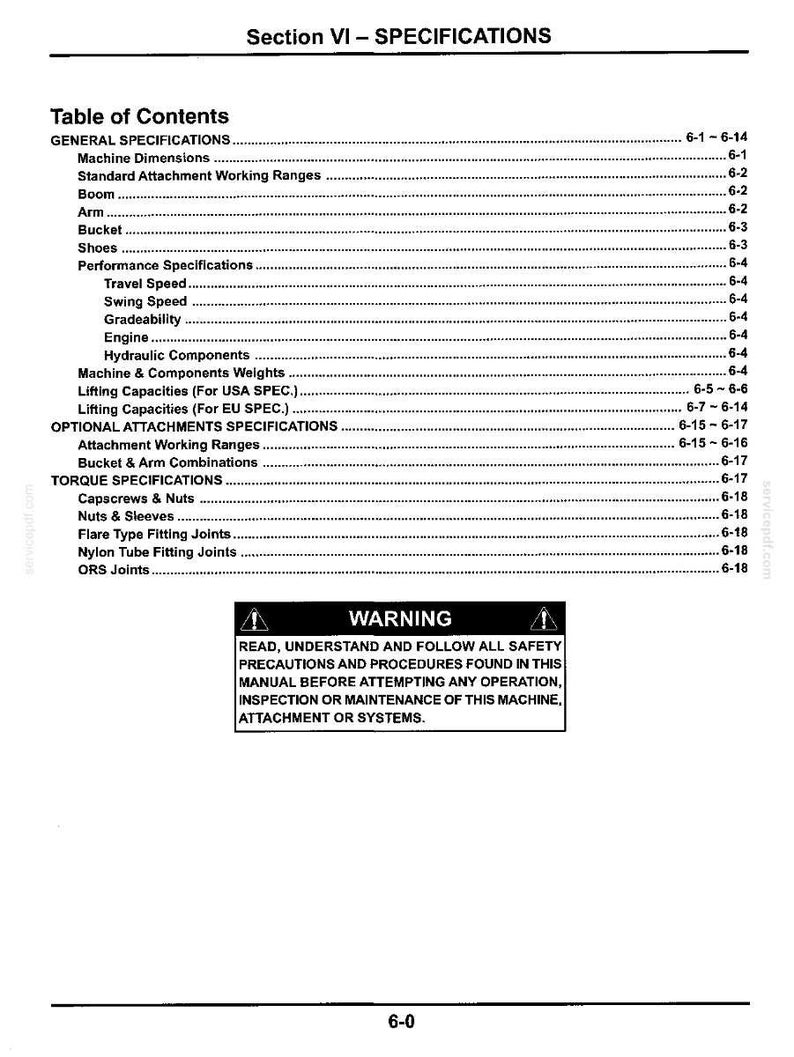 以下が含まれることがあります： Section VI - SPECIFICATIONSと題された白黒の技術文書ページ。機械部品、性能、トルクに関する詳細な目次と、安全上の注意事項に関する警告ボックスが記載されています。