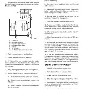 Pu&ograve; includere: Diagramma che illustra come controllare l'accuratezza dei manometri, tra cui un amperometro e un manometro della pressione dell'olio motore. L'immagine include uno schema elettrico e le istruzioni per il test.