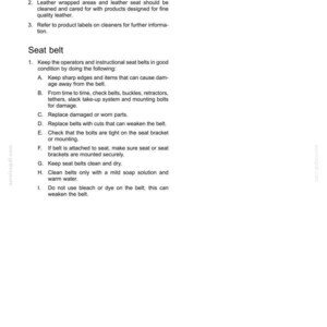 May include: A technical document page titled 7 - MAINTENANCE containing instructions for cleaning cab fabric, carpet, and leather, followed by detailed safety and care guidelines for seat belts, including cleaning methods and inspection procedures.