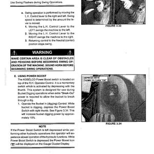 以下が含まれることがあります： 「Section III - Basic Machine Operation」と題された技術マニュアルのページ。旋回操作とパワーブーストの使用方法が記載されています。図3.33と図3.34の2つの白黒図解が含まれており、コントロールレバーの動きと親指で操作するスイッチが示されています。