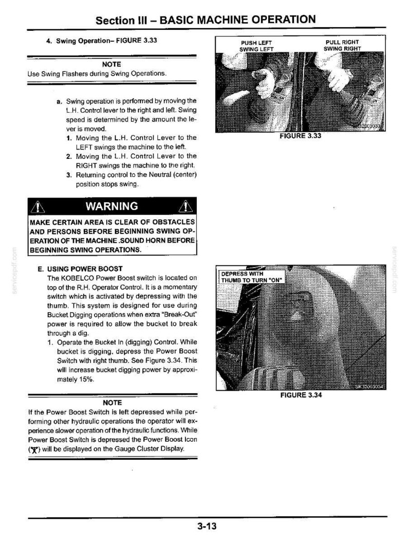 以下が含まれることがあります： 「Section III - Basic Machine Operation」と題された技術マニュアルのページ。旋回操作とパワーブーストの使用方法が記載されています。図3.33と図3.34の2つの白黒図解が含まれており、コントロールレバーの動きと親指で操作するスイッチが示されています。