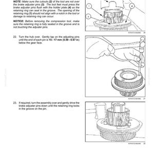 May include: Diagram of a Power Take-Off (PTO) assembly with numbered components and instructions for installation. Includes measurements of 0.59-0.67 inches. Text details the steps for securing the retaining ring and adjusting pins.
