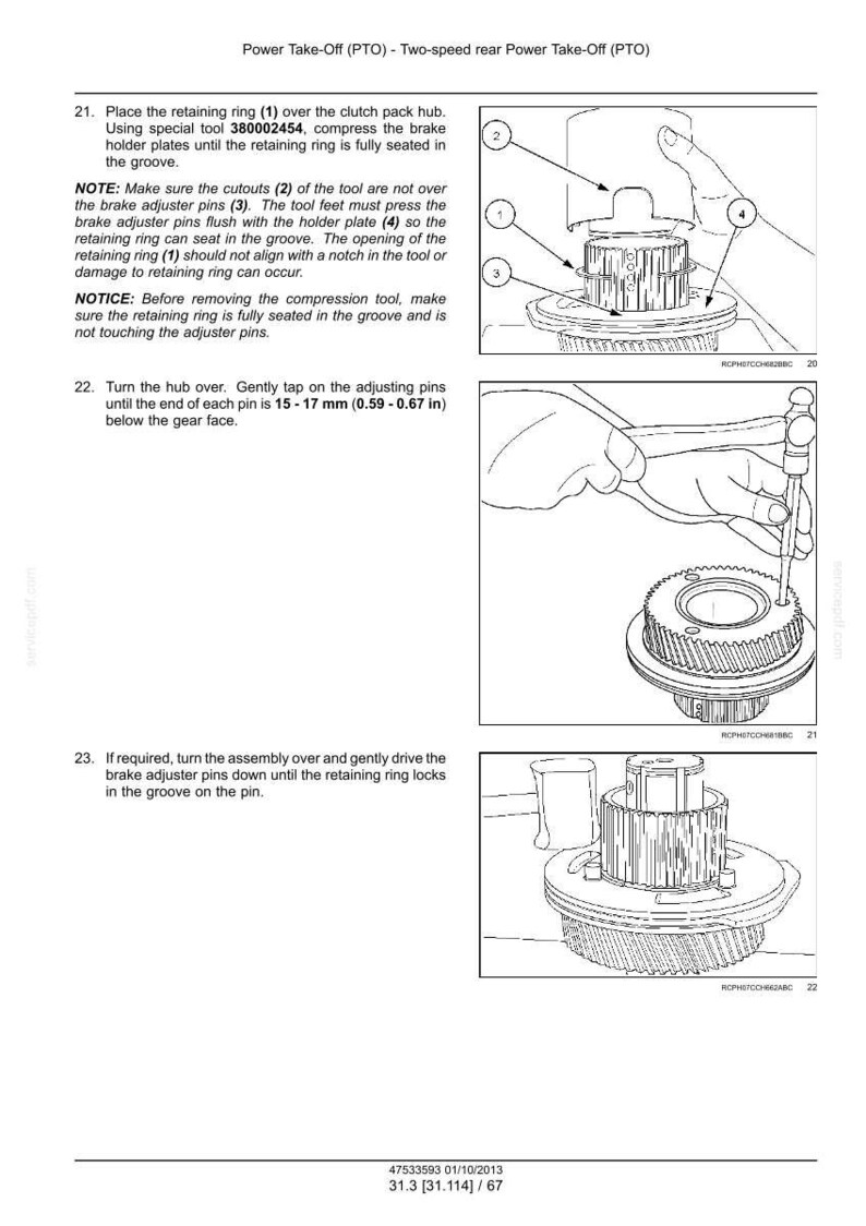 May include: Diagram of a Power Take-Off (PTO) assembly with numbered components and instructions for installation. Includes measurements of 0.59-0.67 inches. Text details the steps for securing the retaining ring and adjusting pins.
