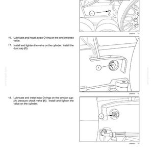 Pu&ograve; includere: Diagrammi tecnici da un manuale, che illustrano i componenti della sospensione del cingolo e del binario. Le immagini mostrano primi piani di parti meccaniche con etichette e istruzioni per l'installazione e la manutenzione.