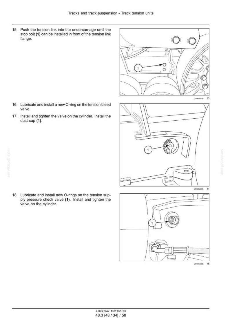Pu&ograve; includere: Diagrammi tecnici da un manuale, che illustrano i componenti della sospensione del cingolo e del binario. Le immagini mostrano primi piani di parti meccaniche con etichette e istruzioni per l'installazione e la manutenzione.