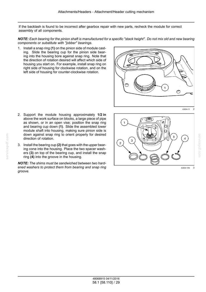 May include: Diagram of an attachment/header cutting mechanism with numbered components. Includes instructions for assembly, with notes on snap rings, bearing cups, and washers. Text includes measurements in inches.
