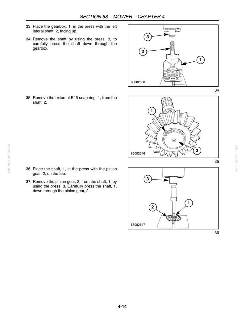 Puede incluir: Una p&aacute;gina de manual t&eacute;cnico titulada SECTION 58 - MOWER - CHAPTER 4, que presenta tres diagramas en blanco y negro. Las ilustraciones muestran el proceso de desmontaje de una caja de cambios, un eje y un pi&ntilde;&oacute;n usando una prensa.