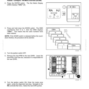 Op de afbeelding: Een technische handleidingspagina getiteld REAR EHR RENUMBERING voor elektrische systemen en elektronische modules. Het bevat diagrammen van een controllerinterface, een aftelling van 5 naar 1 en een zekeringkastdiagram met F70 en F73.