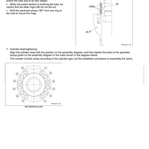 K&ouml;nnte beinhalten: Diagramm mit Anweisungen zum Einsetzen einer Kolbenstange in ein Rohr, einschlie&szlig;lich der Sicherung des Rohrs, des Platzierens einer Vorrichtung und des Einsetzens der Kolbenstange. Enth&auml;lt ein Diagramm zur Zylinderkopfanzugsreihenfolge.