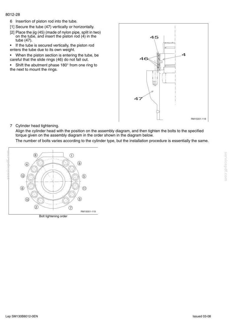 K&ouml;nnte beinhalten: Diagramm mit Anweisungen zum Einsetzen einer Kolbenstange in ein Rohr, einschlie&szlig;lich der Sicherung des Rohrs, des Platzierens einer Vorrichtung und des Einsetzens der Kolbenstange. Enth&auml;lt ein Diagramm zur Zylinderkopfanzugsreihenfolge.