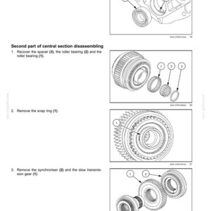 May include: Diagram of semi-powershift transmission internal components. The image shows detailed illustrations of parts, including bearings, circlips, spacers, snap rings, synchronizers, and gears. Text labels identify each component for disassembly.